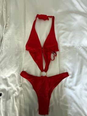 Red One-Piece Cutout Swimsuit with Gold Ring